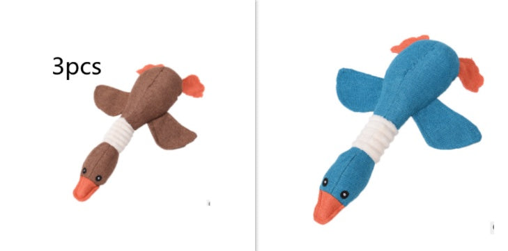 Interactive plush squeaky dog toy in brown and blue, ideal for dogs to play and cuddle.