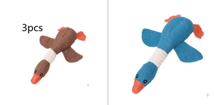 Interactive plush squeaky dog toy in brown and blue, ideal for dogs to play and cuddle.