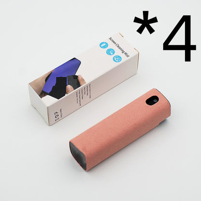 Portable mobile phone screen cleaner set in use, featuring microfiber wipe and cleaning fluid in a compact design.