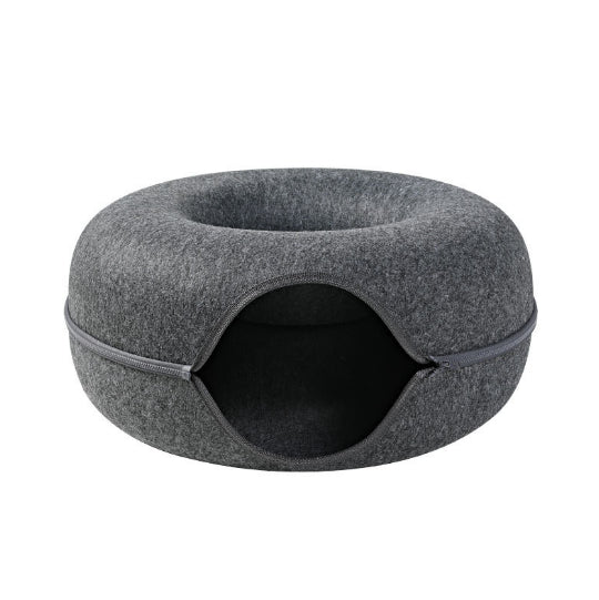 Two playful cats interacting with a 2-in-1 felt cat tunnel bed in stylish grey felt.