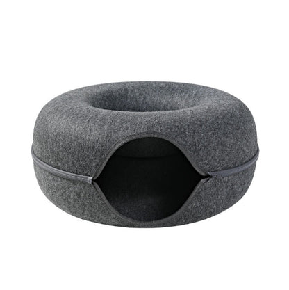 Two playful cats interacting with a 2-in-1 felt cat tunnel bed in stylish grey felt.