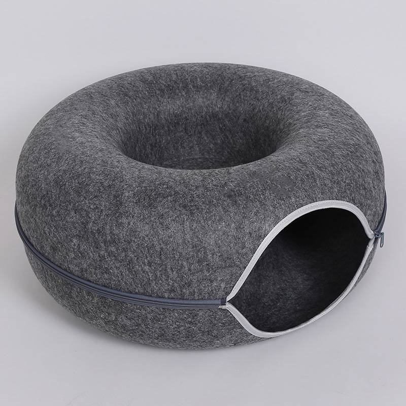 Gray felt cat tunnel bed, cozy pet cave made of natural felt material, ideal for cat relaxation and play.