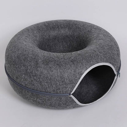 Gray felt cat tunnel bed, cozy pet cave made of natural felt material, ideal for cat relaxation and play.