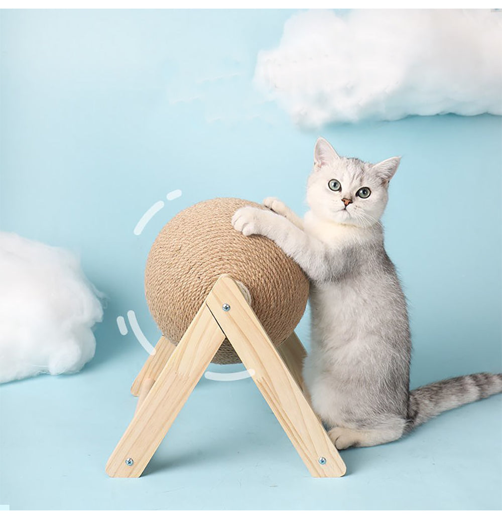 Sisal vertical cat toy featuring a cat playing with a round sisal ball on a wooden stand, promoting feline activity.