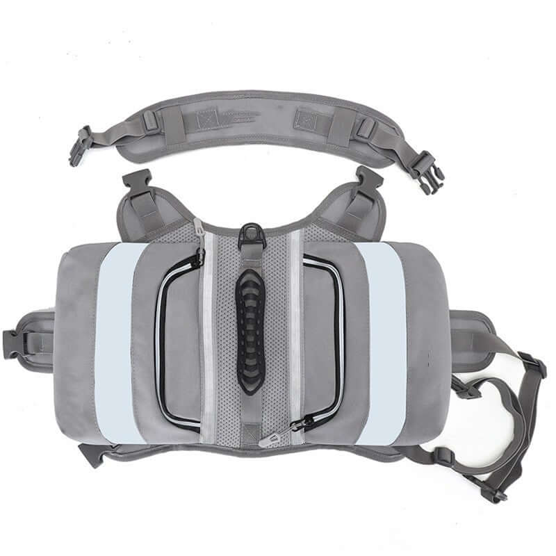 Large dog hiking backpack view showing durable Oxford cloth and adjustable straps for outdoor adventures.