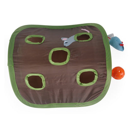 Interactive cat hide and seek toy featuring nine holes with a mouse and ball for playful cat engagement.