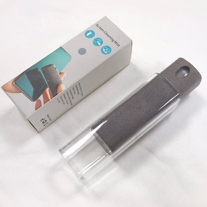 Portable mobile phone screen cleaner set in use, featuring microfiber wipe and cleaning fluid in a compact design.