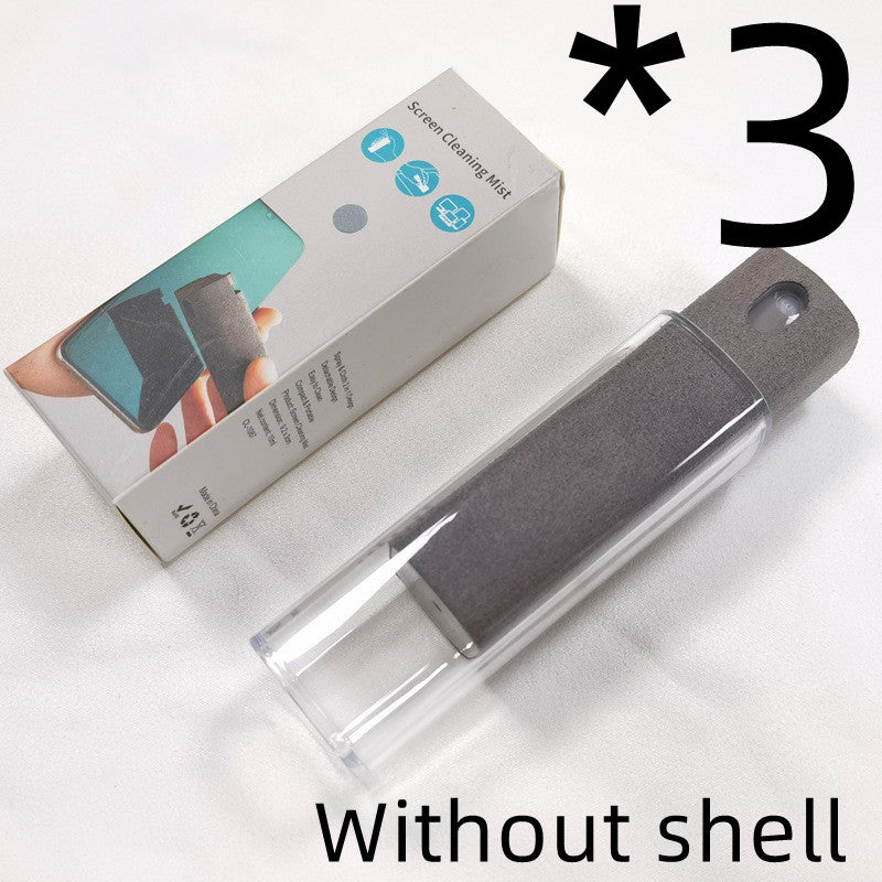 Portable mobile phone screen cleaner set in use, featuring microfiber wipe and cleaning fluid in a compact design.