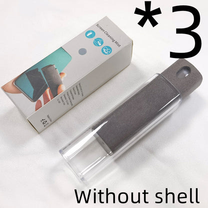 Portable mobile phone screen cleaner set in use, featuring microfiber wipe and cleaning fluid in a compact design.