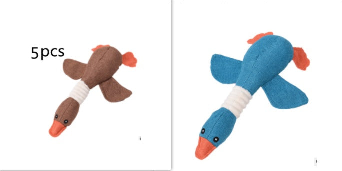 Interactive plush squeaky dog toy in brown and blue, ideal for dogs to play and cuddle.