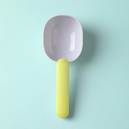 Pet food scoop with a yellow handle and gray bowl, perfect for measuring pet food accurately.