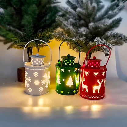 LED Christmas candle lanterns in white, green, and red designs, perfect for holiday decor and creating a festive ambiance.