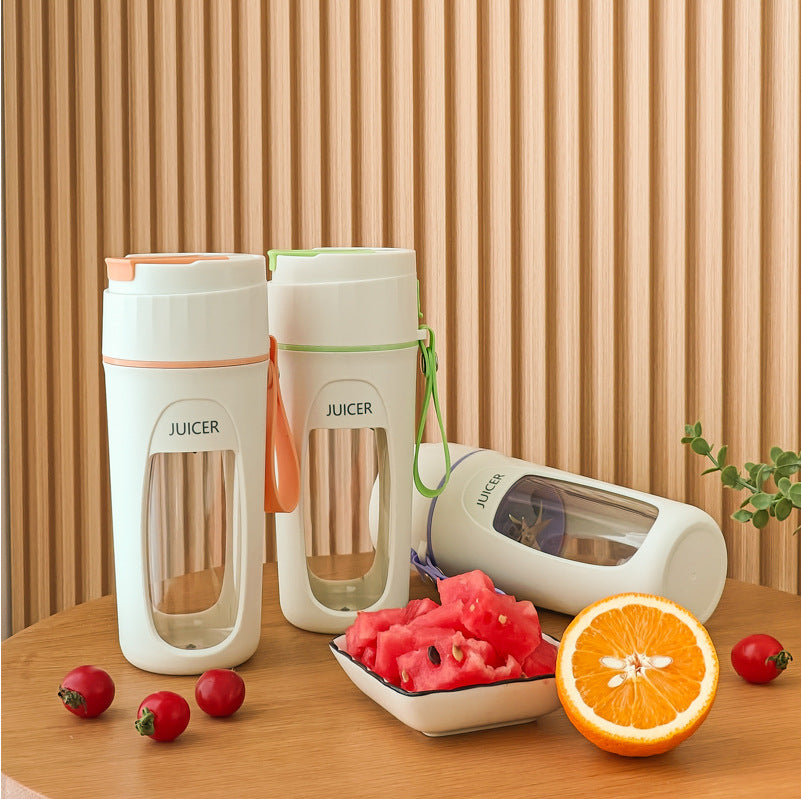 Portable USB Blender Cup for Smoothies & Juices with stylish design and pomegranate background.