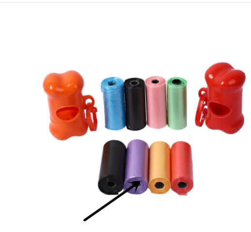Pet Trash Bag Dog Poop Bags For Waste Refuse Cleanup in purple, black, orange, and other colors with dispensers.