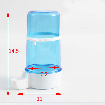 Automatic bird water dispenser in blue, showing dimensions: height 14.5cm, diameter 7.2cm, base width 11cm.