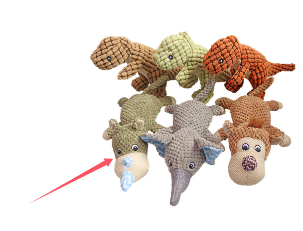 Interactive plush squeaky dog toy in brown and blue, ideal for dogs to play and cuddle.