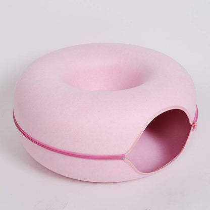 Gray felt cat tunnel bed, cozy pet cave made of natural felt material, ideal for cat relaxation and play.