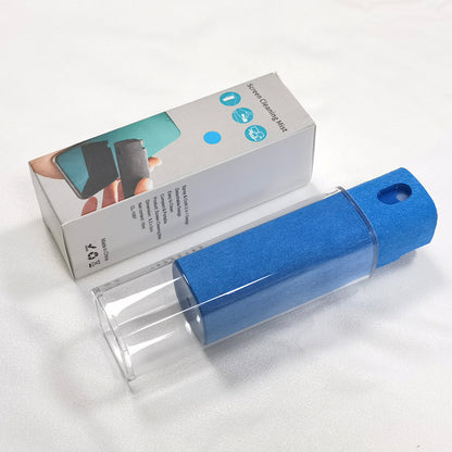 Portable mobile phone screen cleaner set in use, featuring microfiber wipe and cleaning fluid in a compact design.