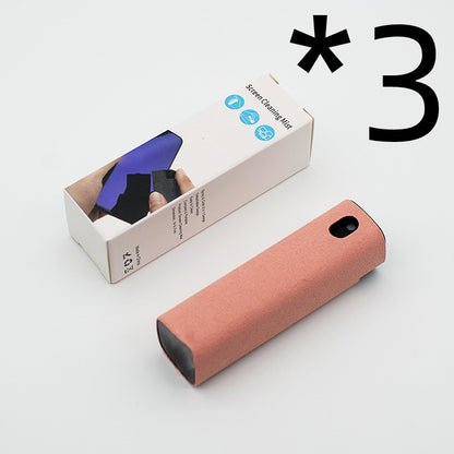 Portable mobile phone screen cleaner set in use, featuring microfiber wipe and cleaning fluid in a compact design.
