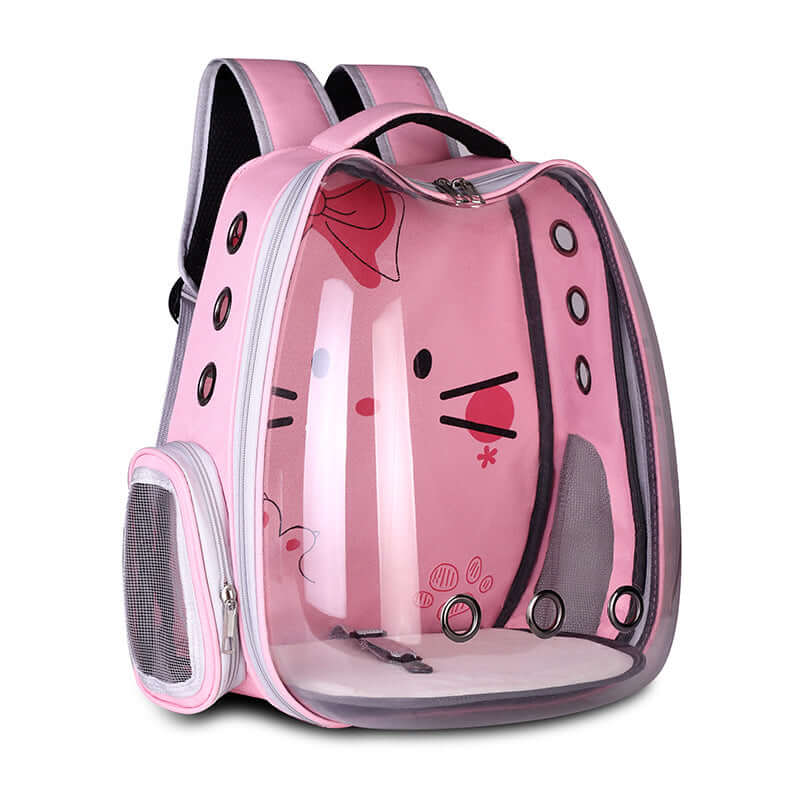 Bubble Pet Backpack Carrier for Cats & Small Dogs in pink with transparent bubble window and breathable ventilation.
