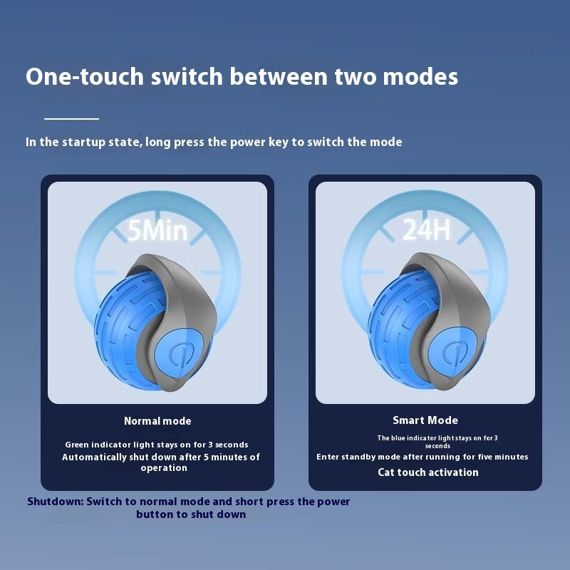 Automatic rolling cat ball showing one-touch switch between normal and smart modes for cat play.