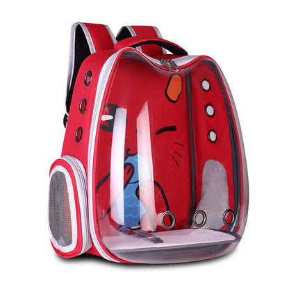 Bubble Pet Backpack Carrier for Cats & Small Dogs in red with transparent bubble window and ventilation holes.