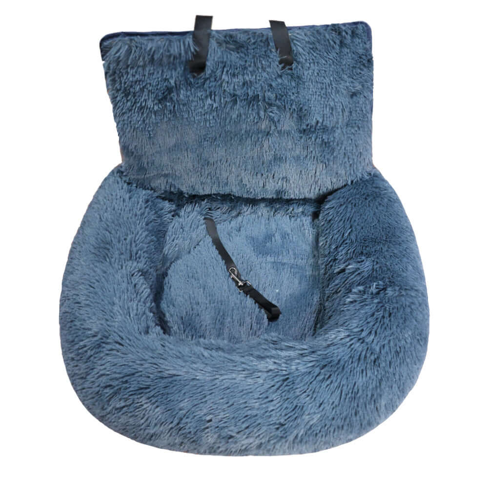 Washable dog car seat bed in soft blue fabric, designed for comfort and travel convenience for dogs.