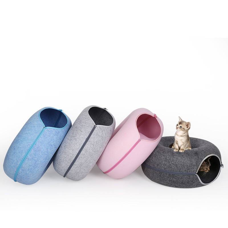 Gray felt cat tunnel bed, cozy pet cave made of natural felt material, ideal for cat relaxation and play.