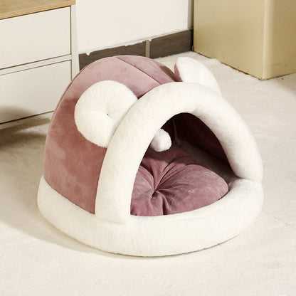 Self-warming cat cave bed with soft plush material, cozy tent design for small dogs and cats.