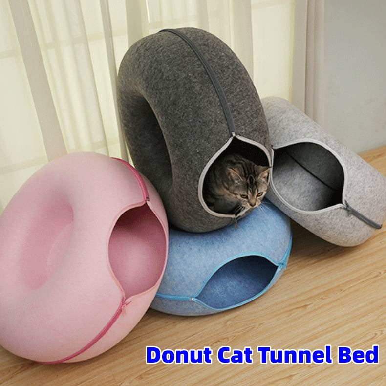 Felt cat tunnel bed collection featuring vibrant colors and cozy design for indoor cats.