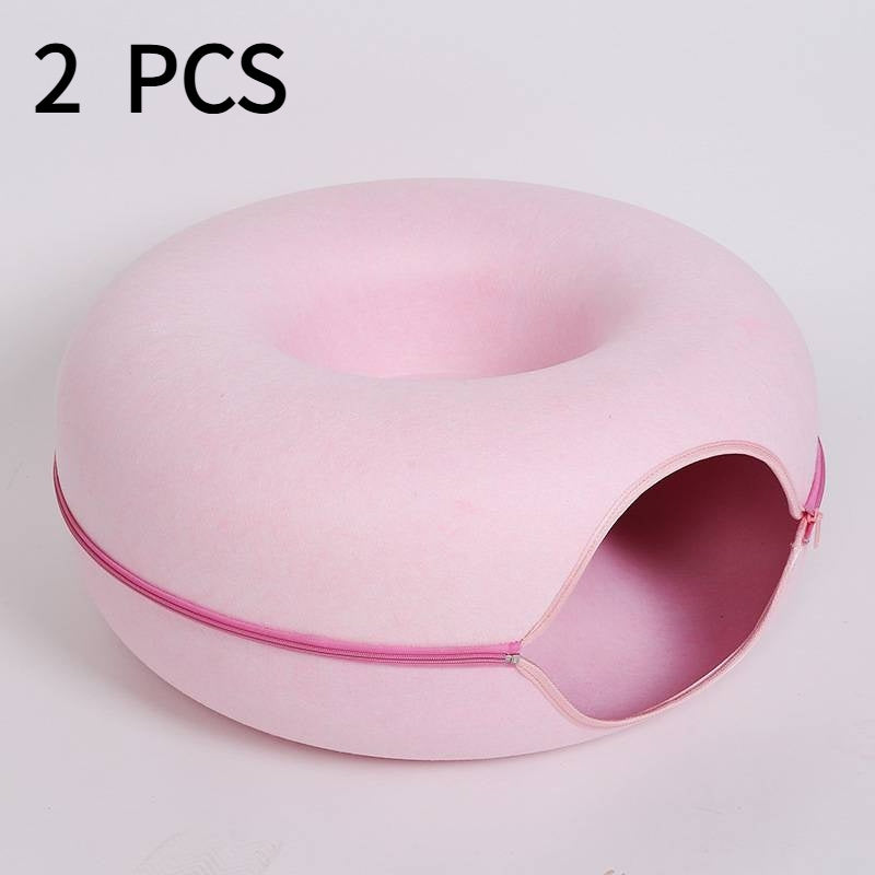 Gray felt cat tunnel bed, cozy pet cave made of natural felt material, ideal for cat relaxation and play.