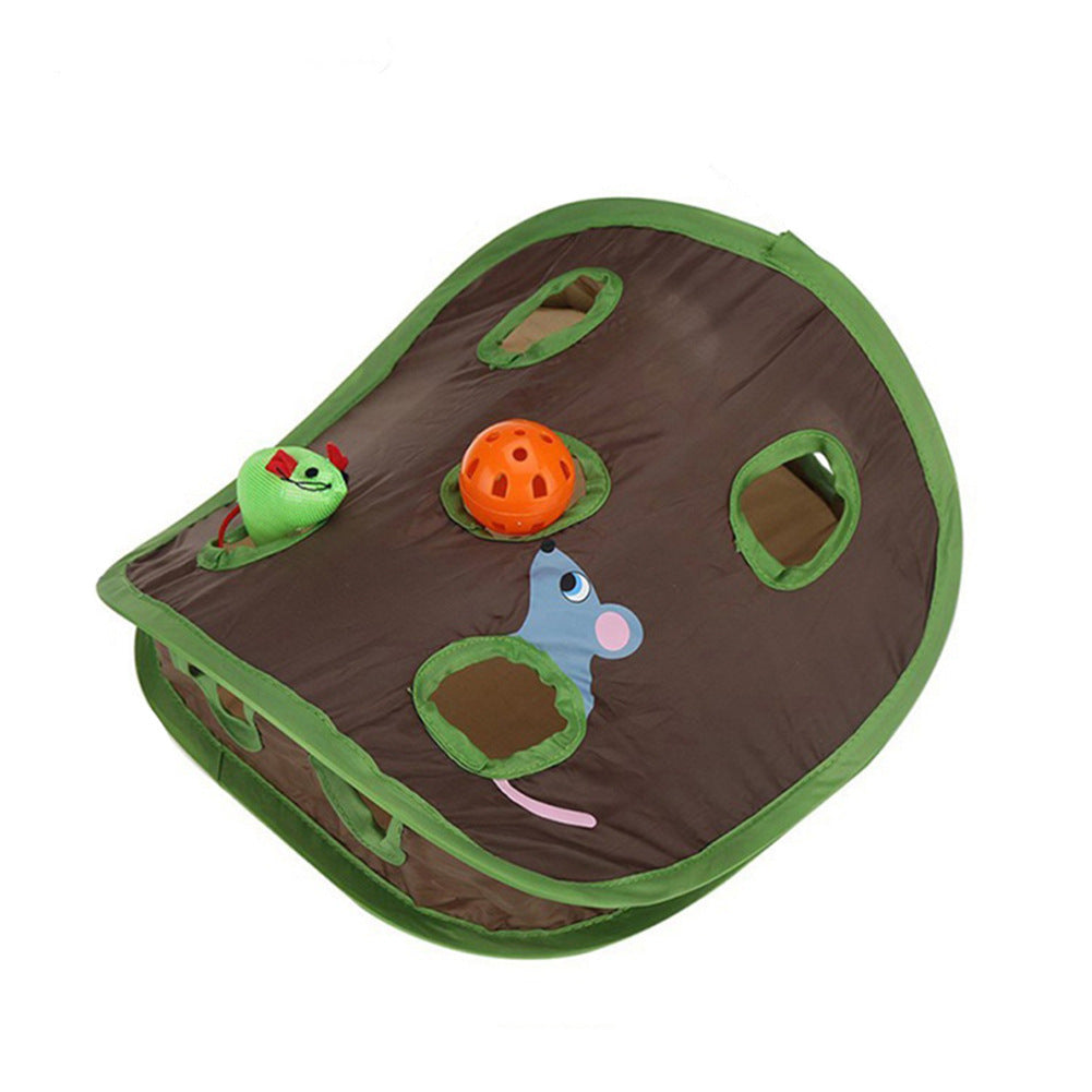 Interactive cat hide and seek toy with 9 holes, hidden ball, and mouse for engaging feline play.