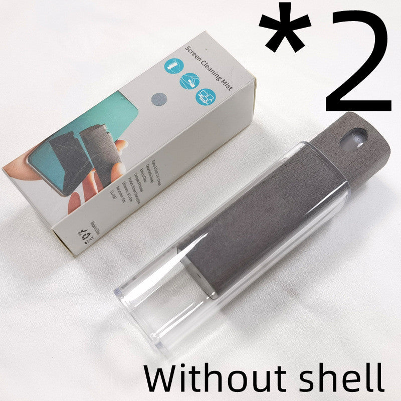 Portable mobile phone screen cleaner set in use, featuring microfiber wipe and cleaning fluid in a compact design.