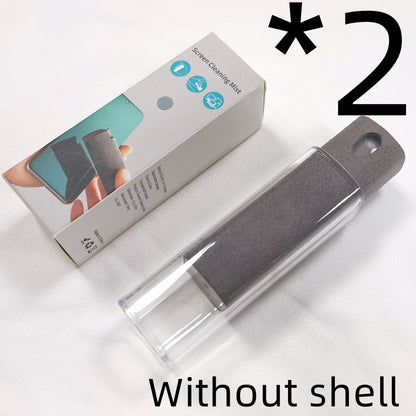 Portable mobile phone screen cleaner set in use, featuring microfiber wipe and cleaning fluid in a compact design.