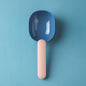  Pet food scoop designed for measuring and serving pet food, featuring a blue handle and a white scoop.