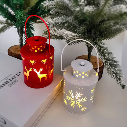 LED Christmas candle lanterns with festive designs, illuminating a cozy holiday decor setting.