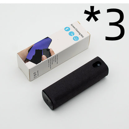 Portable mobile phone screen cleaner set in use, featuring microfiber wipe and cleaning fluid in a compact design.