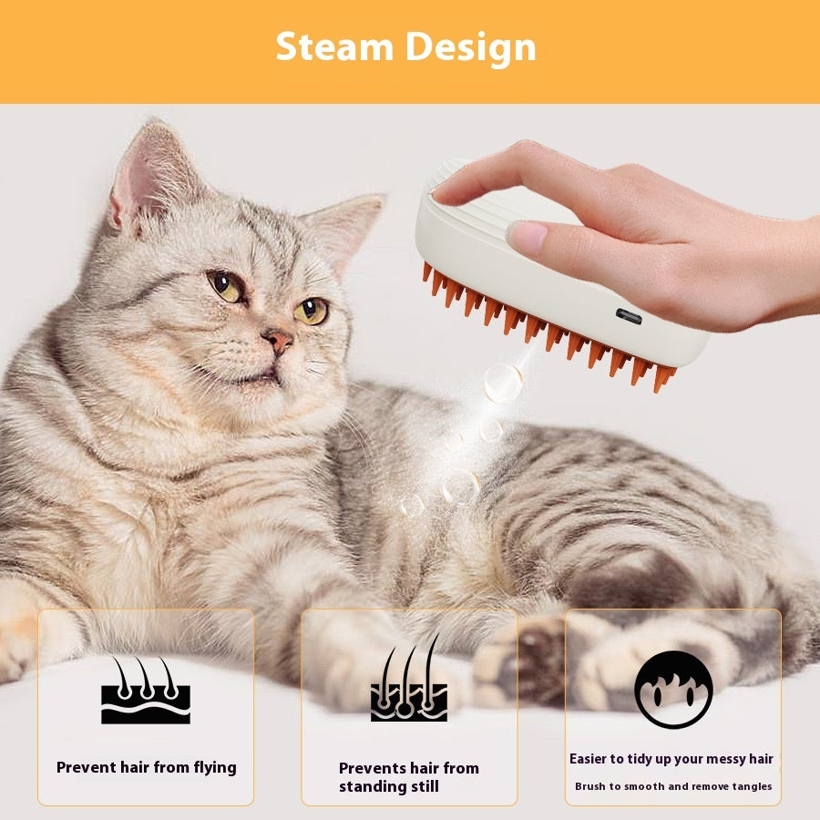 Steam pet grooming brush in use on a relaxed cat, highlighting its gentle grooming features and steam design.