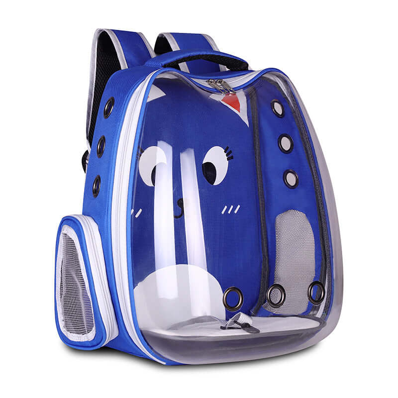 Bubble Pet Backpack Carrier for Cats & Small Dogs in blue with transparent bubble window and breathable design.