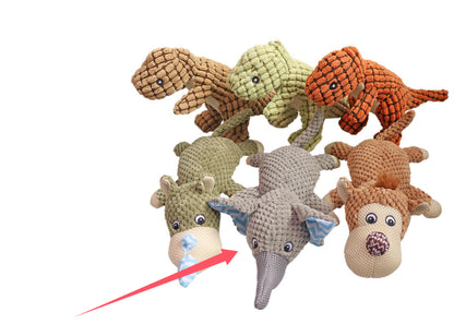 Interactive plush squeaky dog toy in brown and blue, ideal for dogs to play and cuddle.
