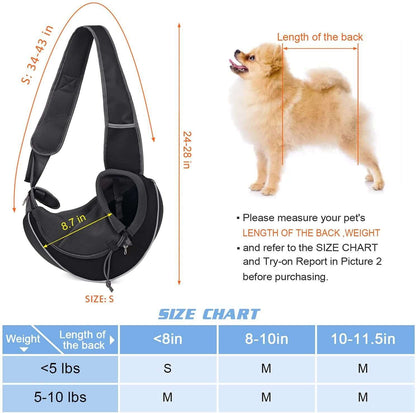 Image showing a pet crossbody carrier bag size chart with measurement details for small dogs and cats.