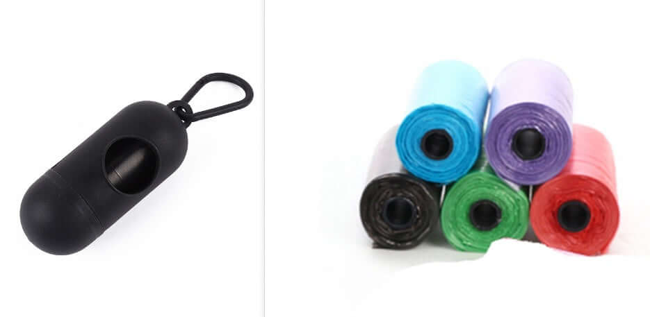 Pet Trash Bag Dog Poop Bags For Waste Refuse Cleanup in black, green, blue, purple, and red colors visible.