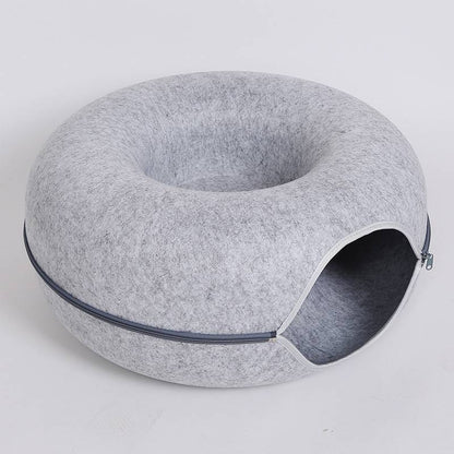Gray felt cat tunnel bed, cozy pet cave made of natural felt material, ideal for cat relaxation and play.